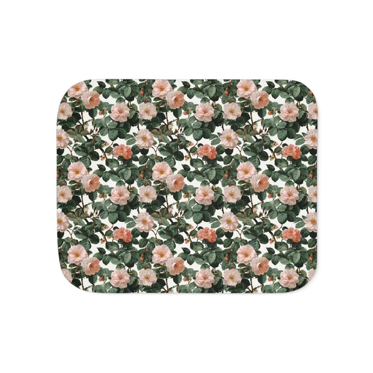 Roses Blossom Floral Sherpa Blanket | Green Leaves, Cozy Reversible Throw