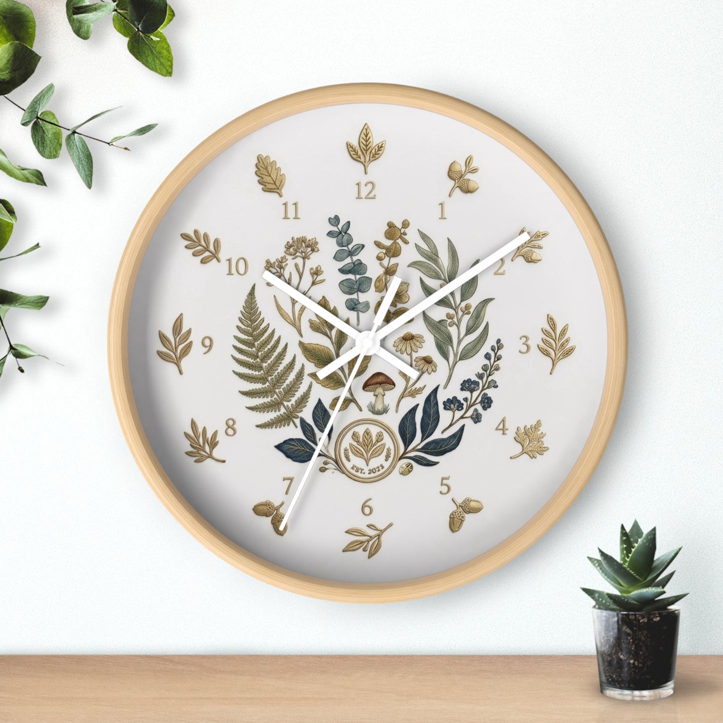 Botanical Wreath Wall Clock | Floral Fern Eucalyptus Illustration