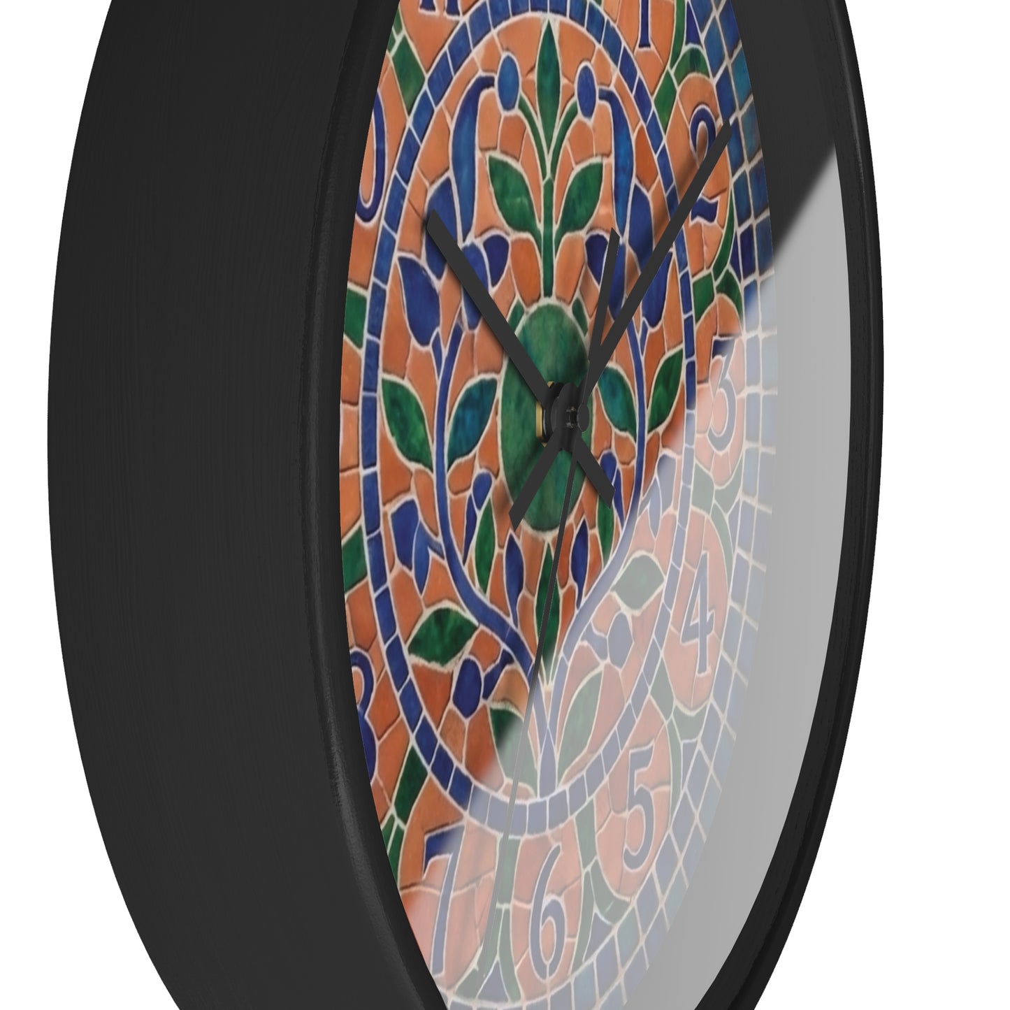 Mosaic Style Wall Clock - Terracotta Azure Blue Floral Print, Mediterranean Botany Decor