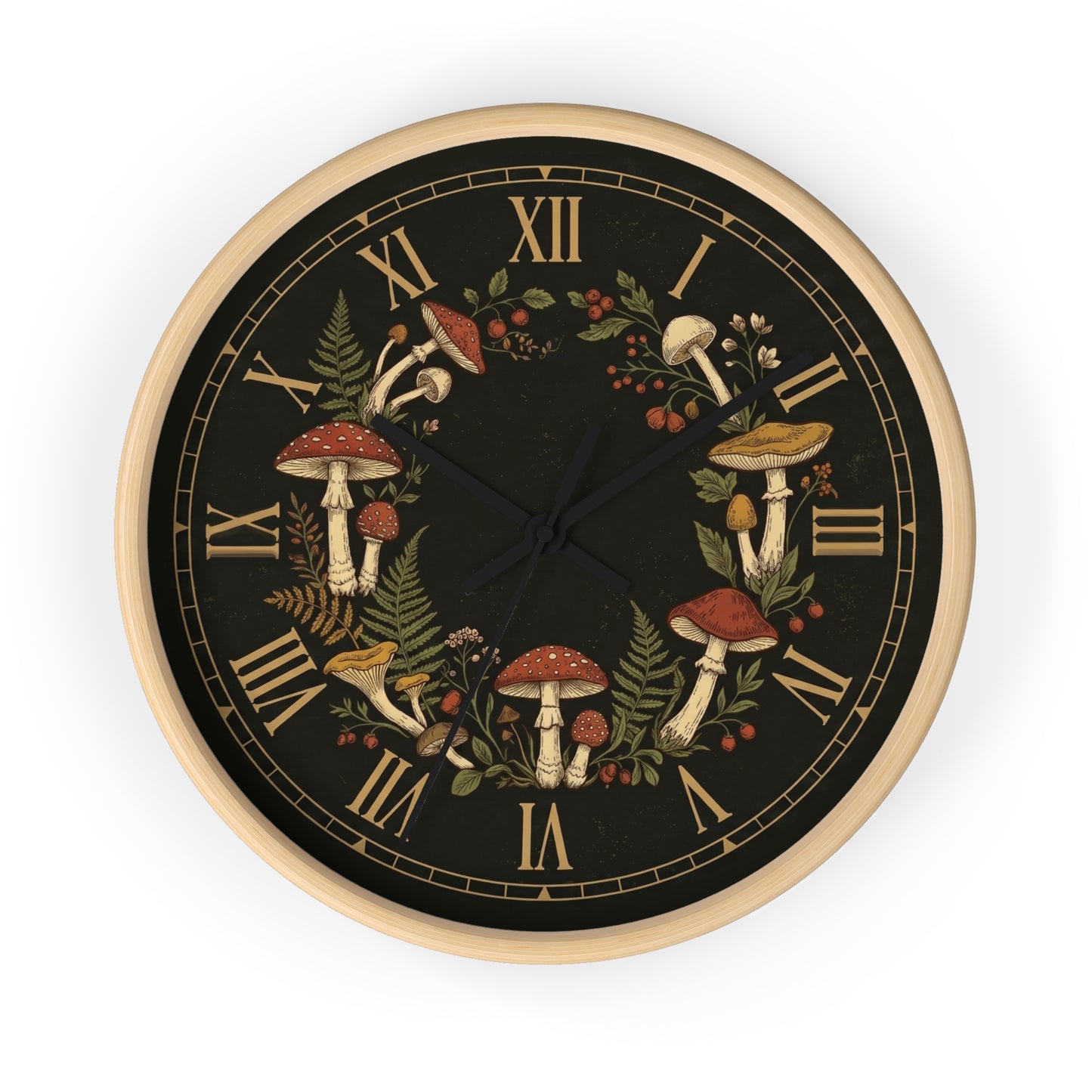 Vintage Mushroom Wreath Wall Clock | Botanical Roman Numerals