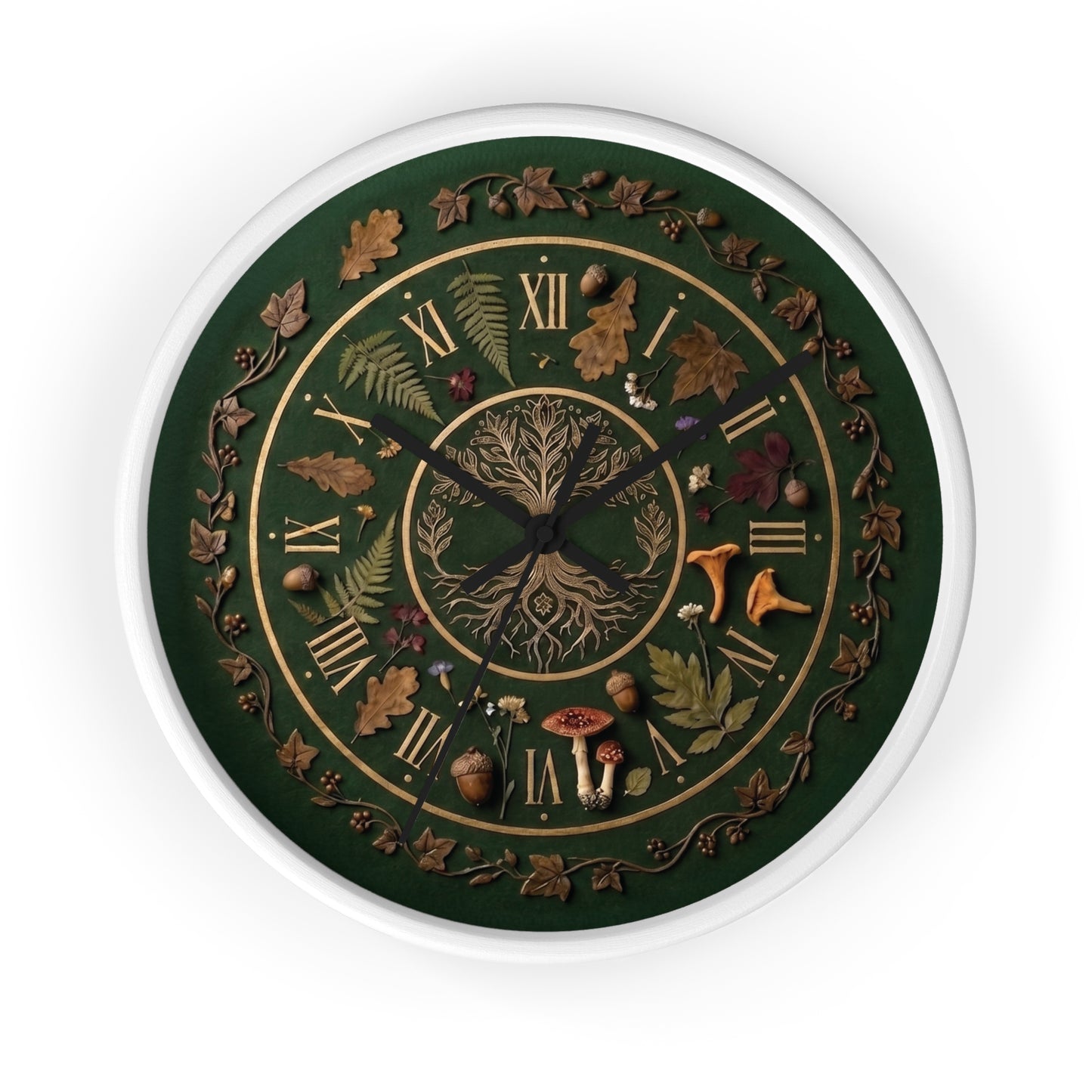 Woodland Tree of Life wall clock | Botanical, mushrooms, fern, roman numerals | Realistic Illustration | Witchy Nature