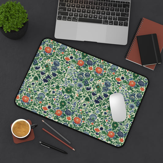 Vintage Floral Pattern Desk Mat | Green Blue Orange Botanical Mouse Pad