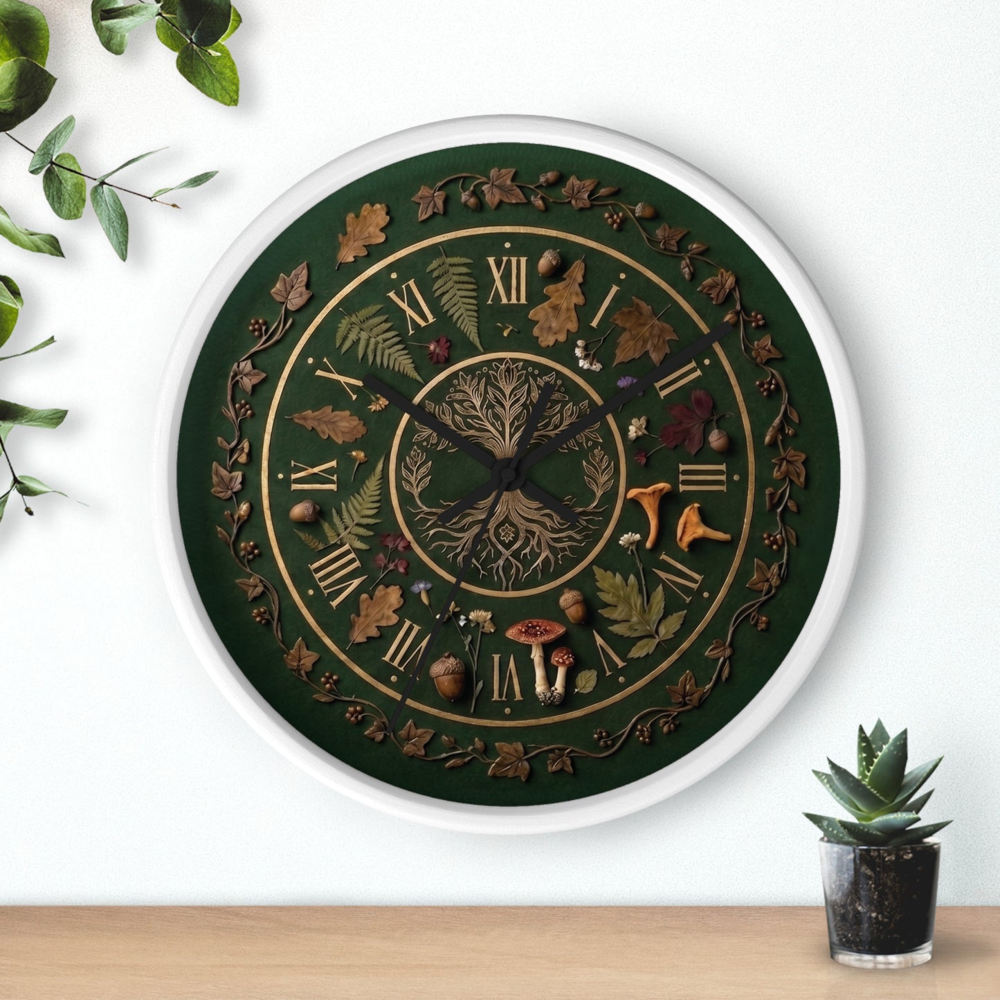 Woodland Tree of Life wall clock | Botanical, mushrooms, fern, roman numerals | Realistic Illustration | Witchy Nature