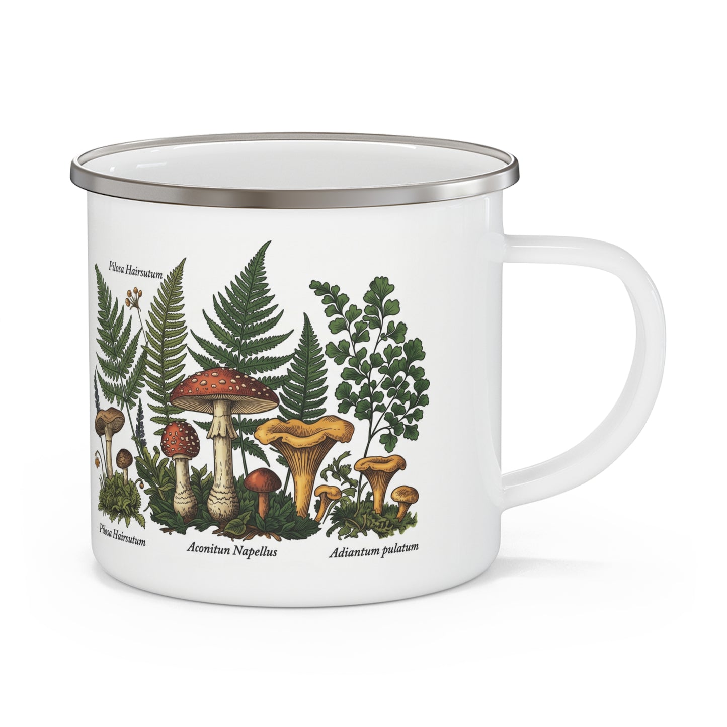 Vintage Botanical Mushroom Illustration Enamel Camping Mug | Ferns & Fungi