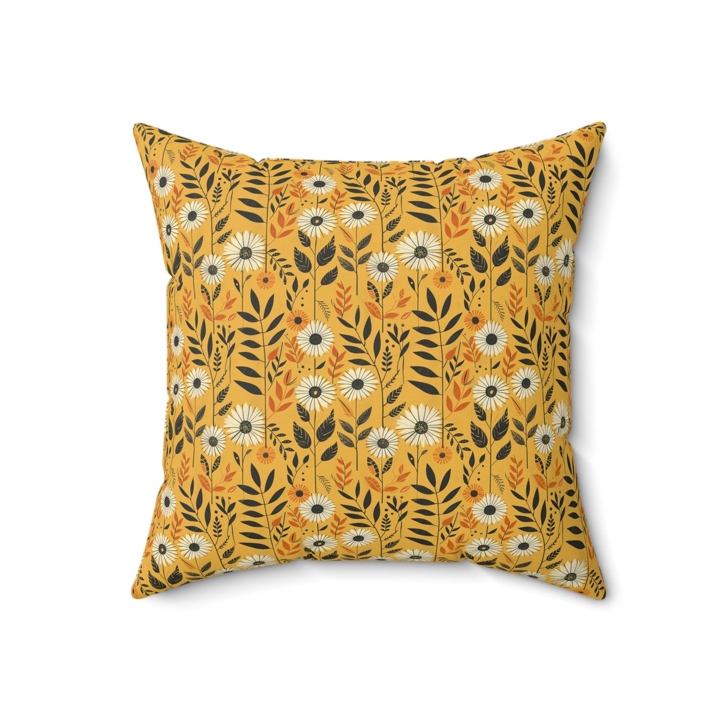 Yellow Floral Pattern Pillow | Daisies and Leaves Square Pillow