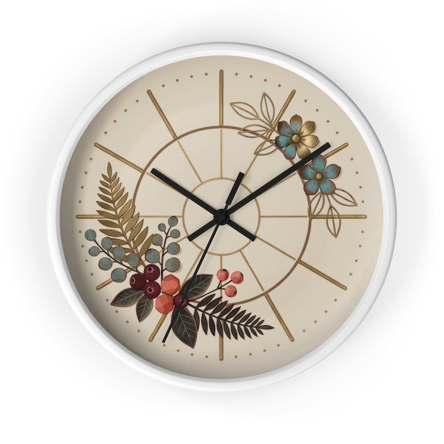 Botanical Floral Clock Wall Clock | Neutral Beige Flower Fern Design