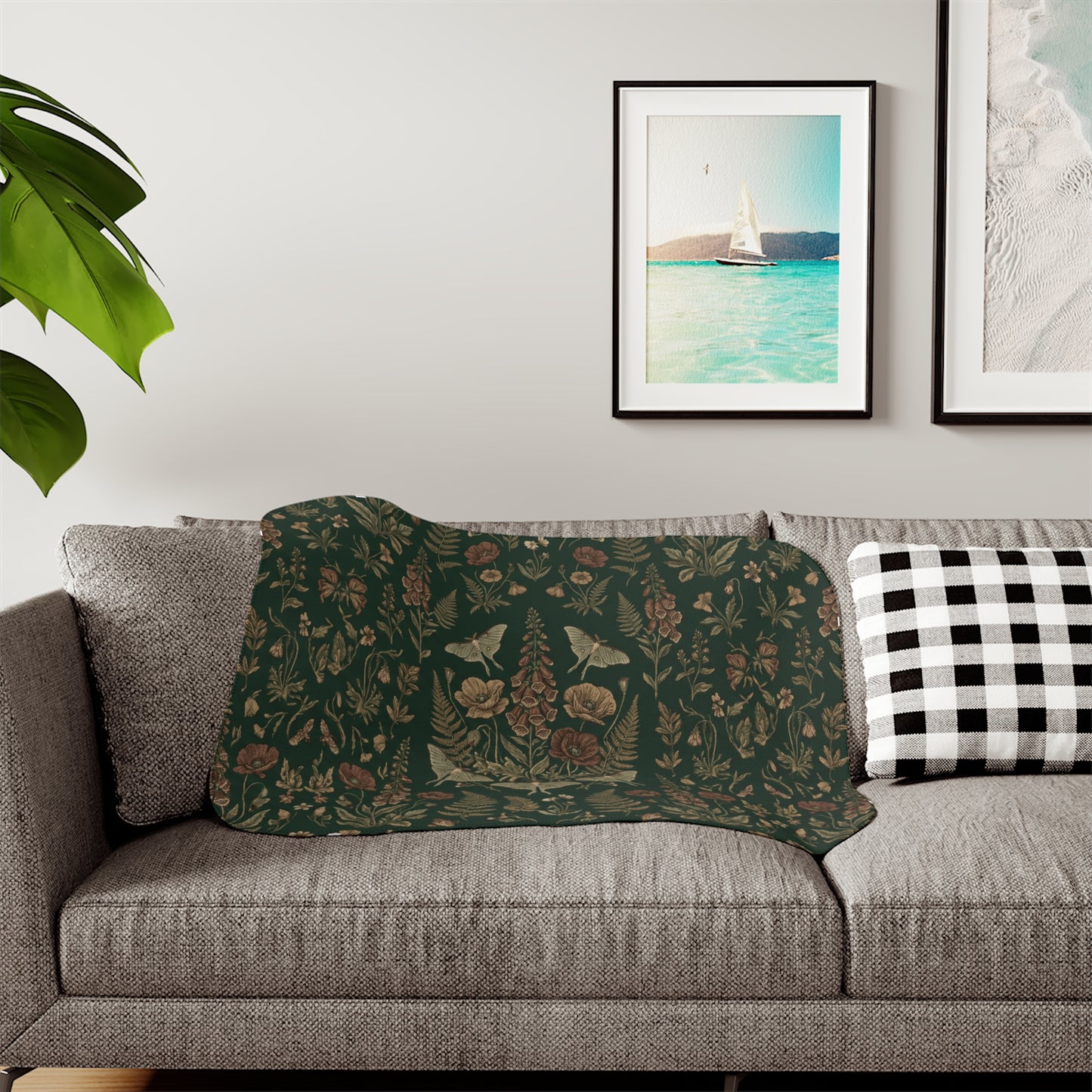 Vintage Floral Woodland Dark Sherpa Blanket | Botanical Pattern, Dark Green