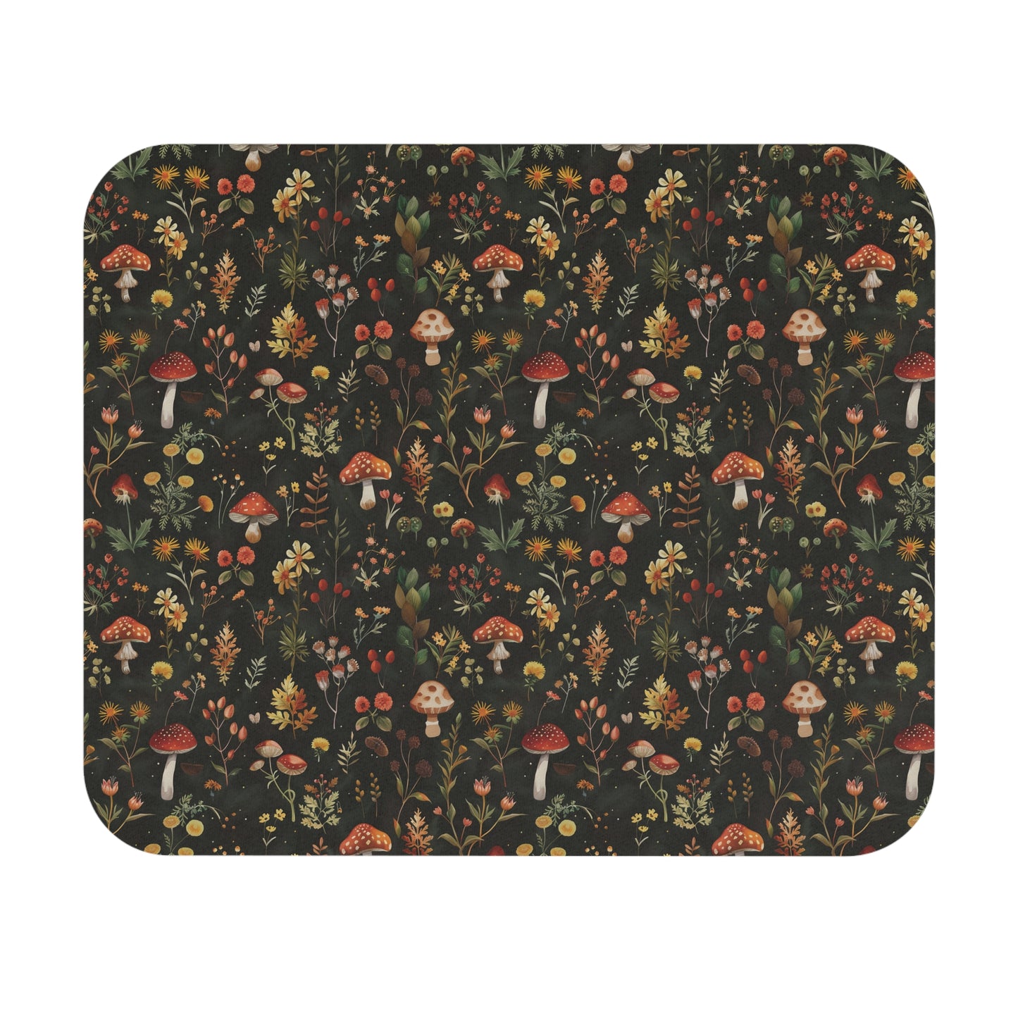 Woodland Mushrooms and Wildflowers Mouse Pad | Autumn Botanical Desk Mat