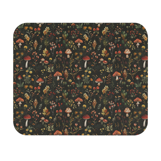 Woodland Mushrooms and Wildflowers Mouse Pad | Autumn Botanical Desk Mat