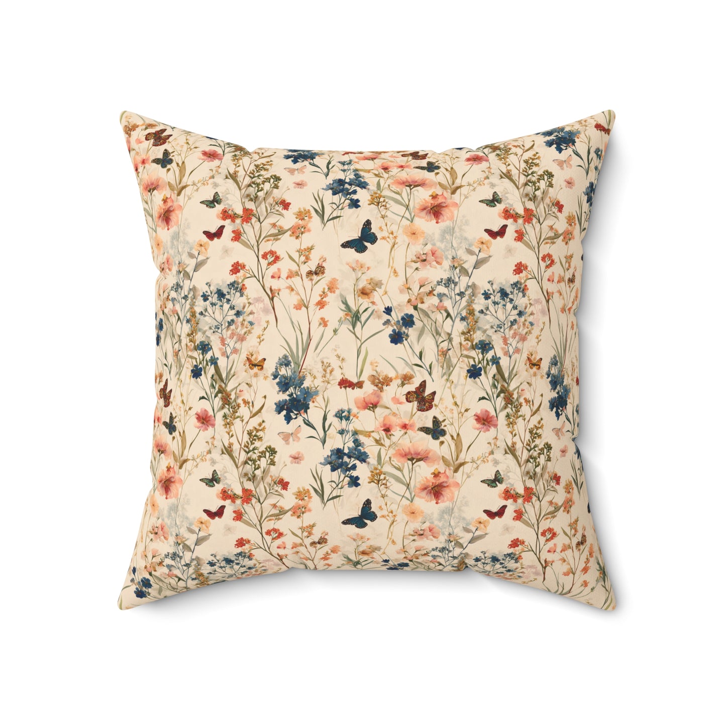 Vintage Wildflower and Butterfly Spun Polyester Square Pillow | Floral Throw Cushion