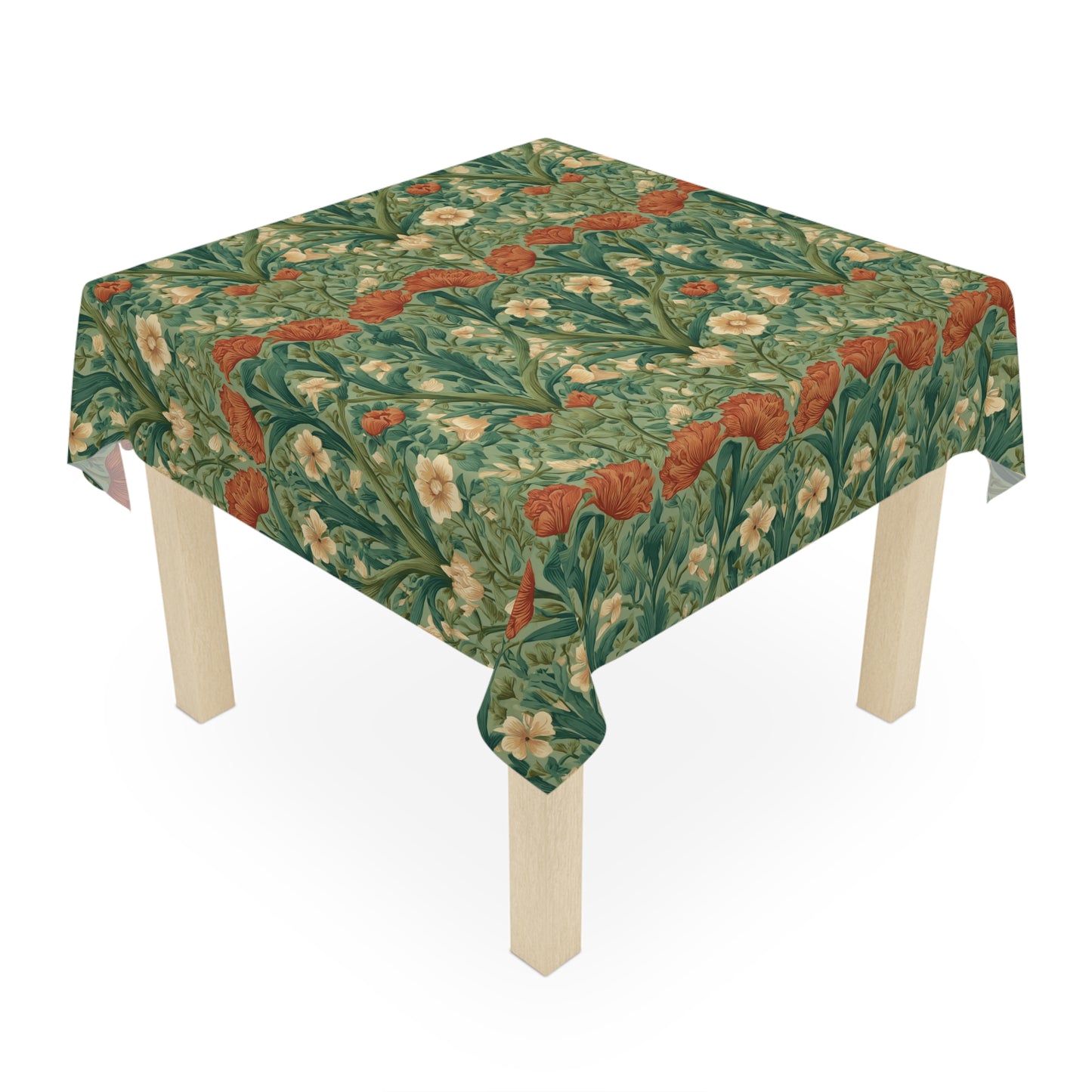 Vintage William Morris Style Floral Pattern Tablecloth | Green Poppy & Iris Design