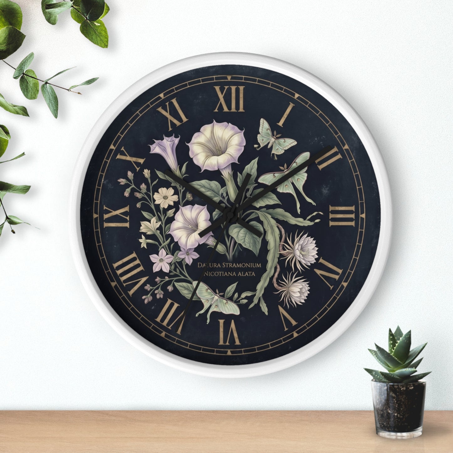 Datura Stramonium Illustration  Wall Clock | Vintage Botanical Floral, Roman Numerals, Dark Background