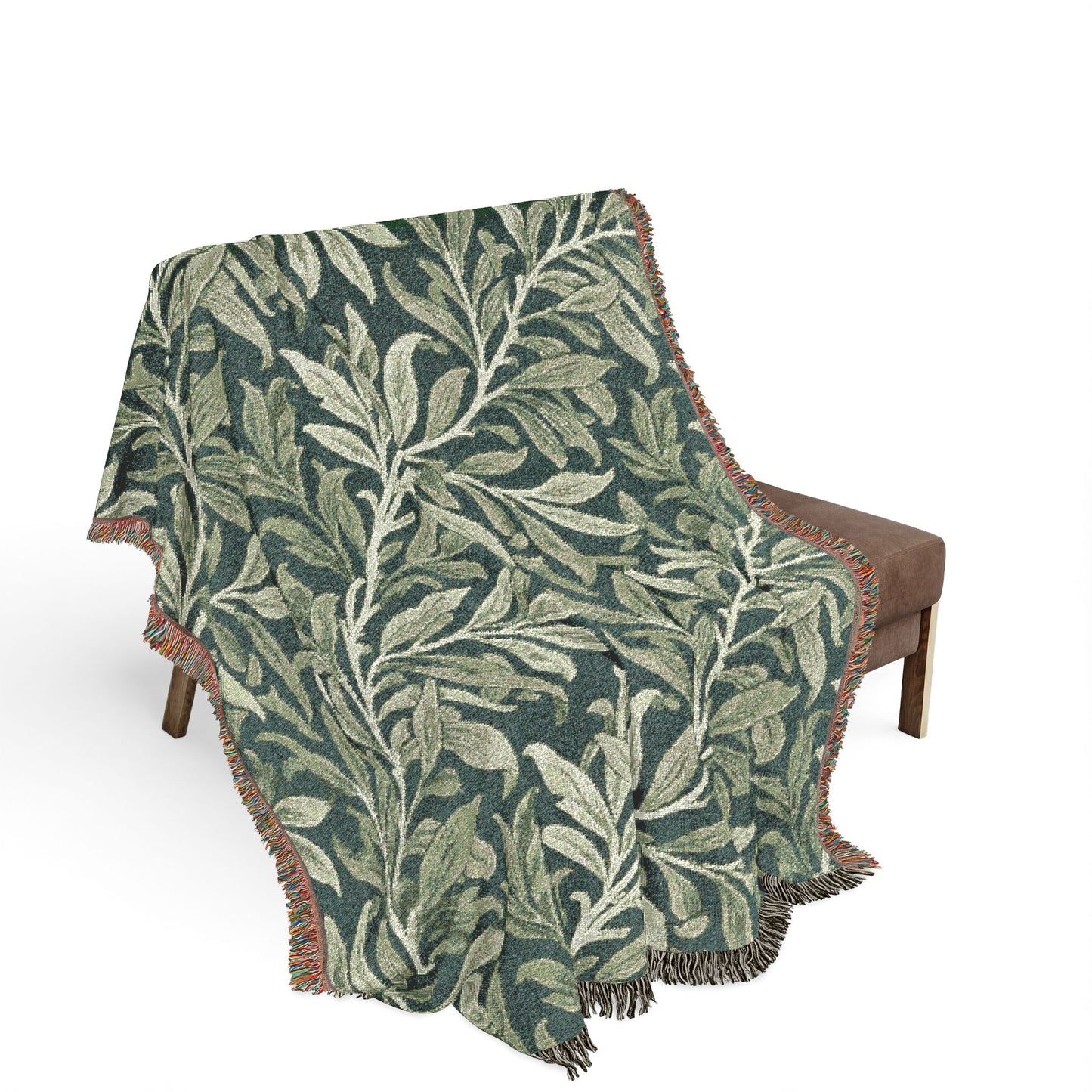 Olive Leaf Pattern Woven Blanket | Botanical Throw, Tapestry Fringe