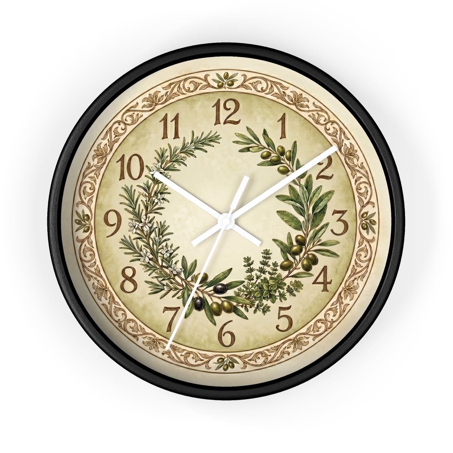Herb Wreath Wall Clock | Olive & Rosemary Kitchen Clock, Rustic Botanical Decor