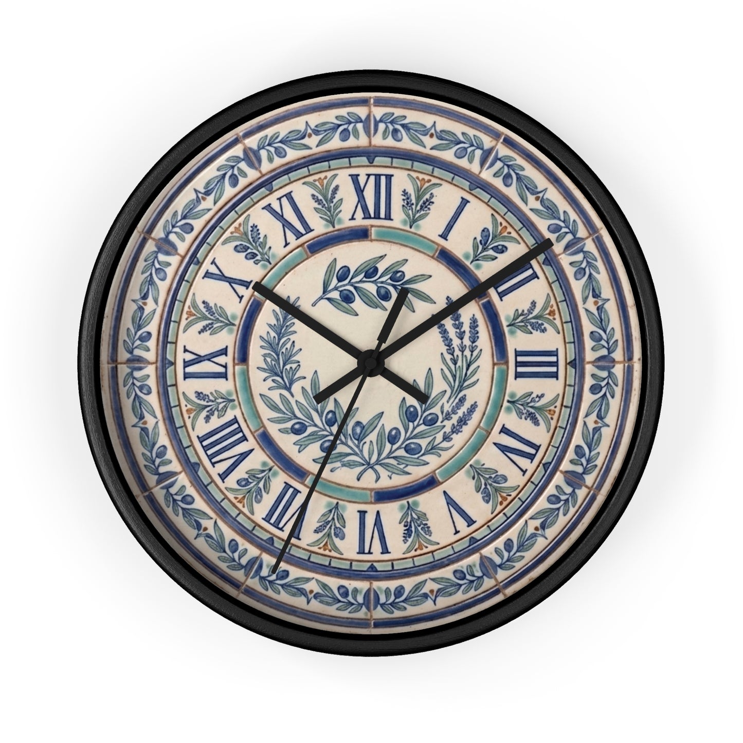 Blue Olive Wreath Wall Clock | Roman Numerals, Ceramic Tile Style