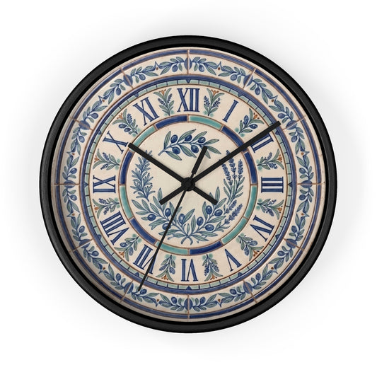 Blue Olive Wreath Wall Clock | Roman Numerals, Ceramic Tile Style