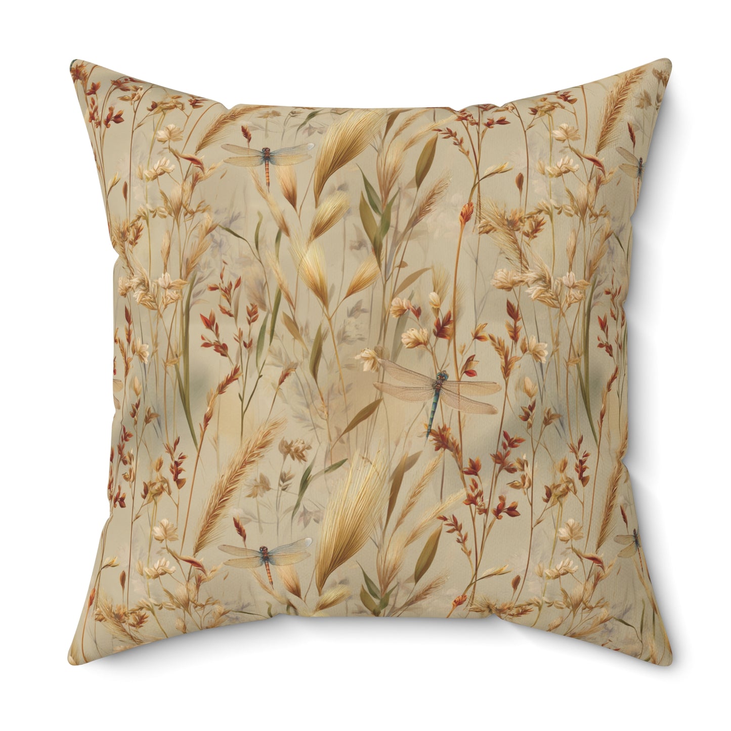 Neutral Botanical Print Pillow | Dried Wildflower Dragonfly Pattern, Square Throw Pillow