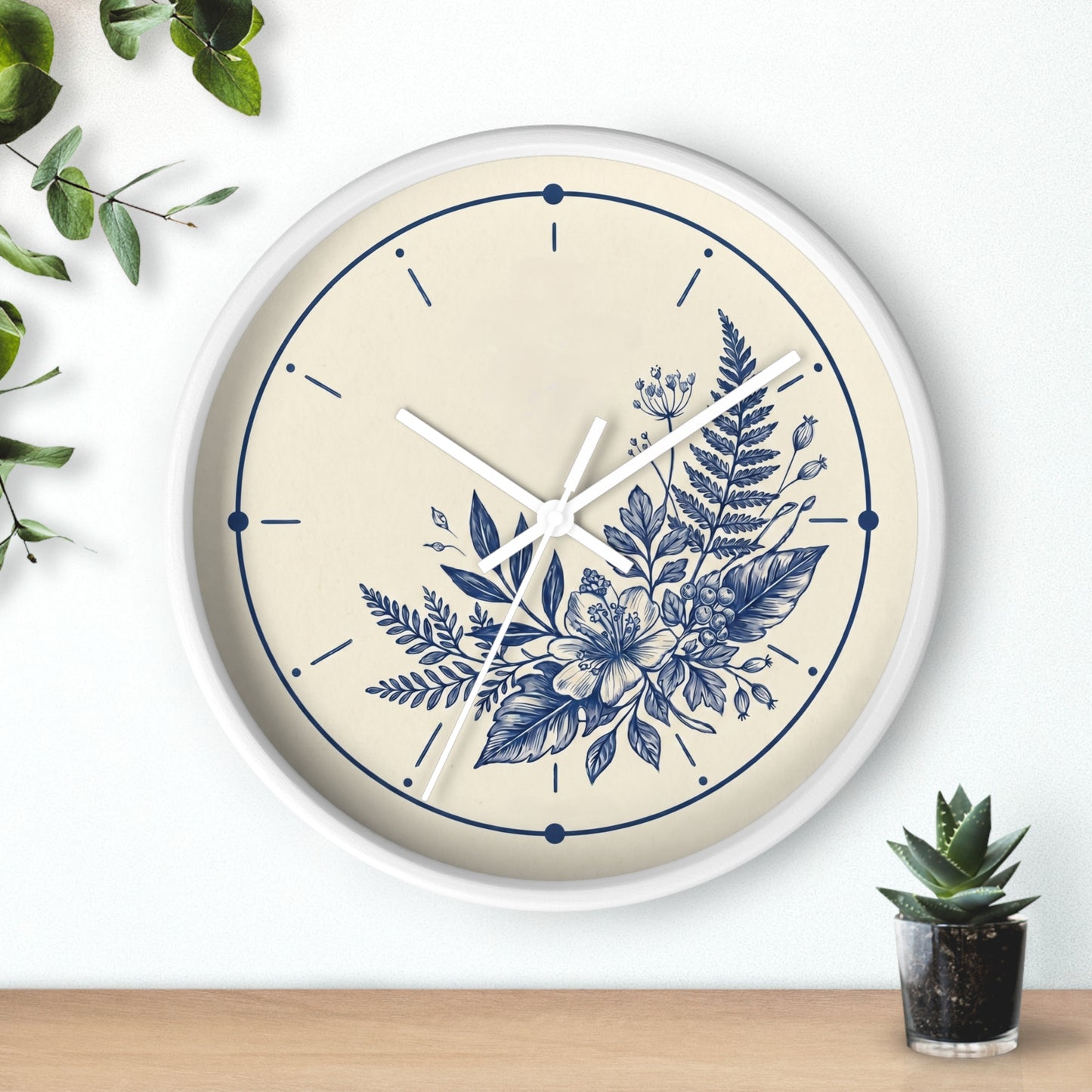 Blue Floral Illustration Wall Clock | Coastal Botanical Flower Clock