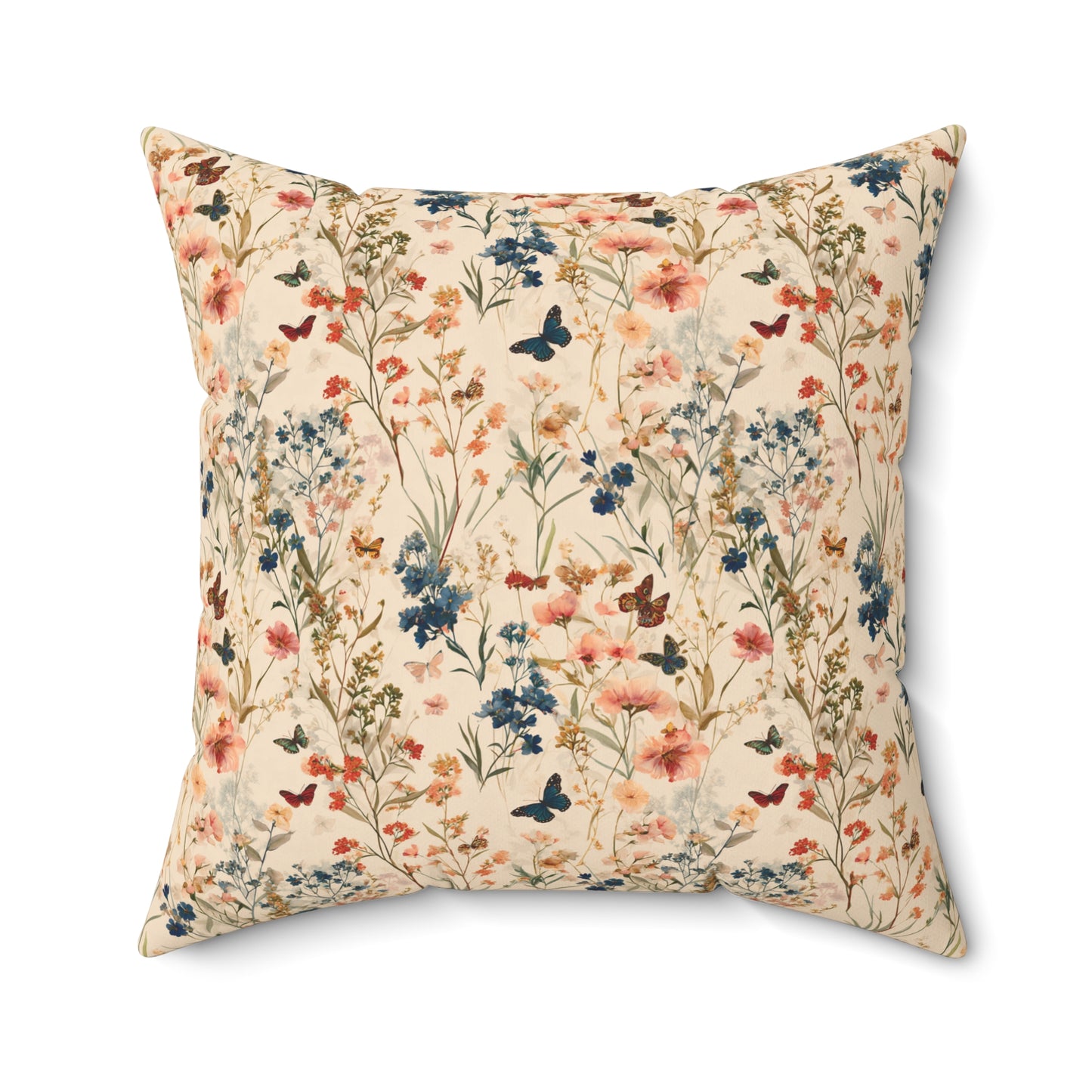 Vintage Wildflower and Butterfly Spun Polyester Square Pillow | Floral Throw Cushion