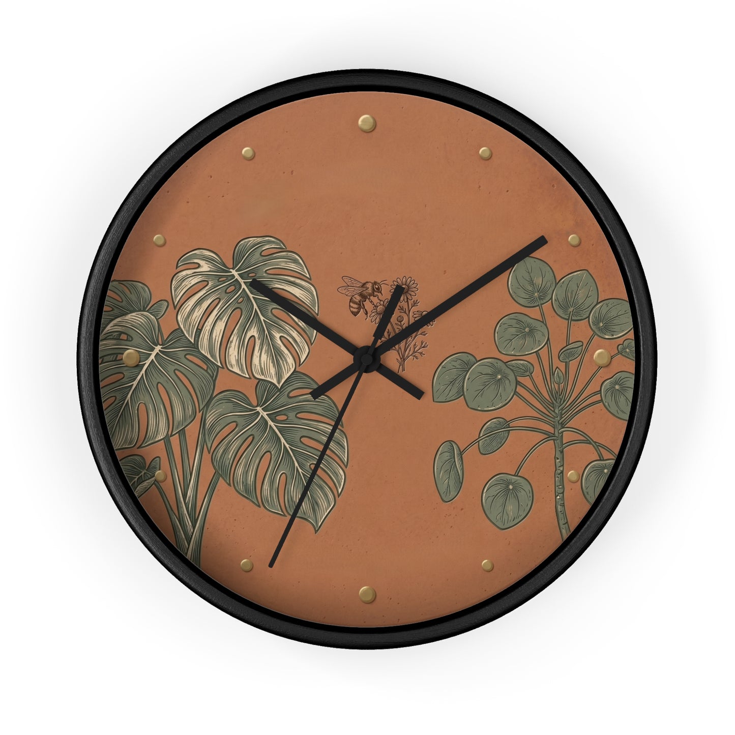 Monstera & Pilea Illustration Wall Clock | Terracotta Botanical Clock