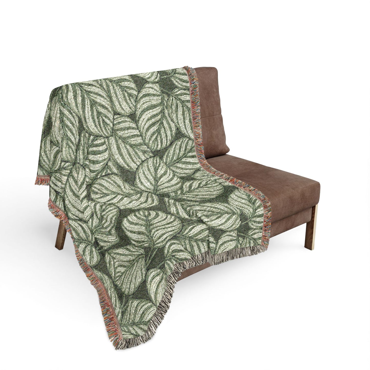 Green Leaf Calathea Orbifolia Pattern Woven Blanket | Botanical Throw, Fringe Edge