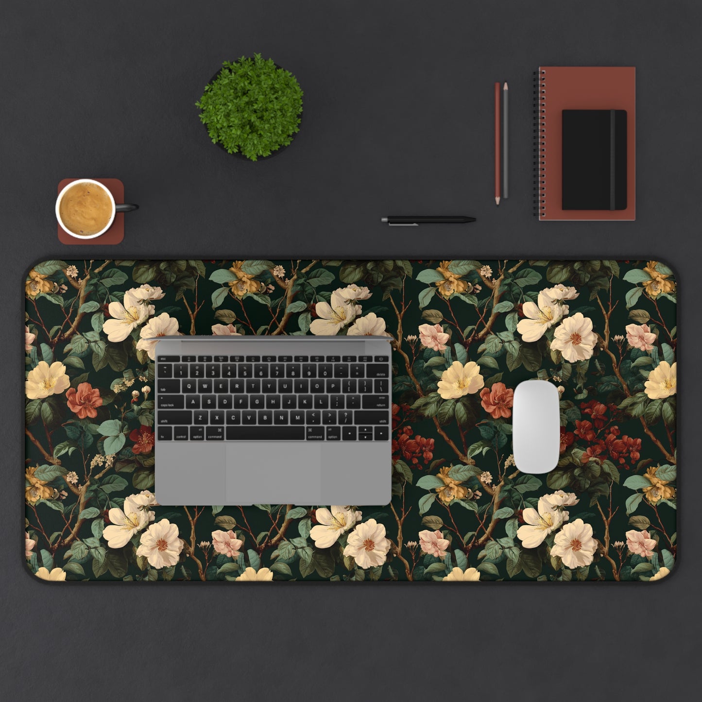 Vintage Botanical Floral Desk Mat | Dark Green Rose Pattern