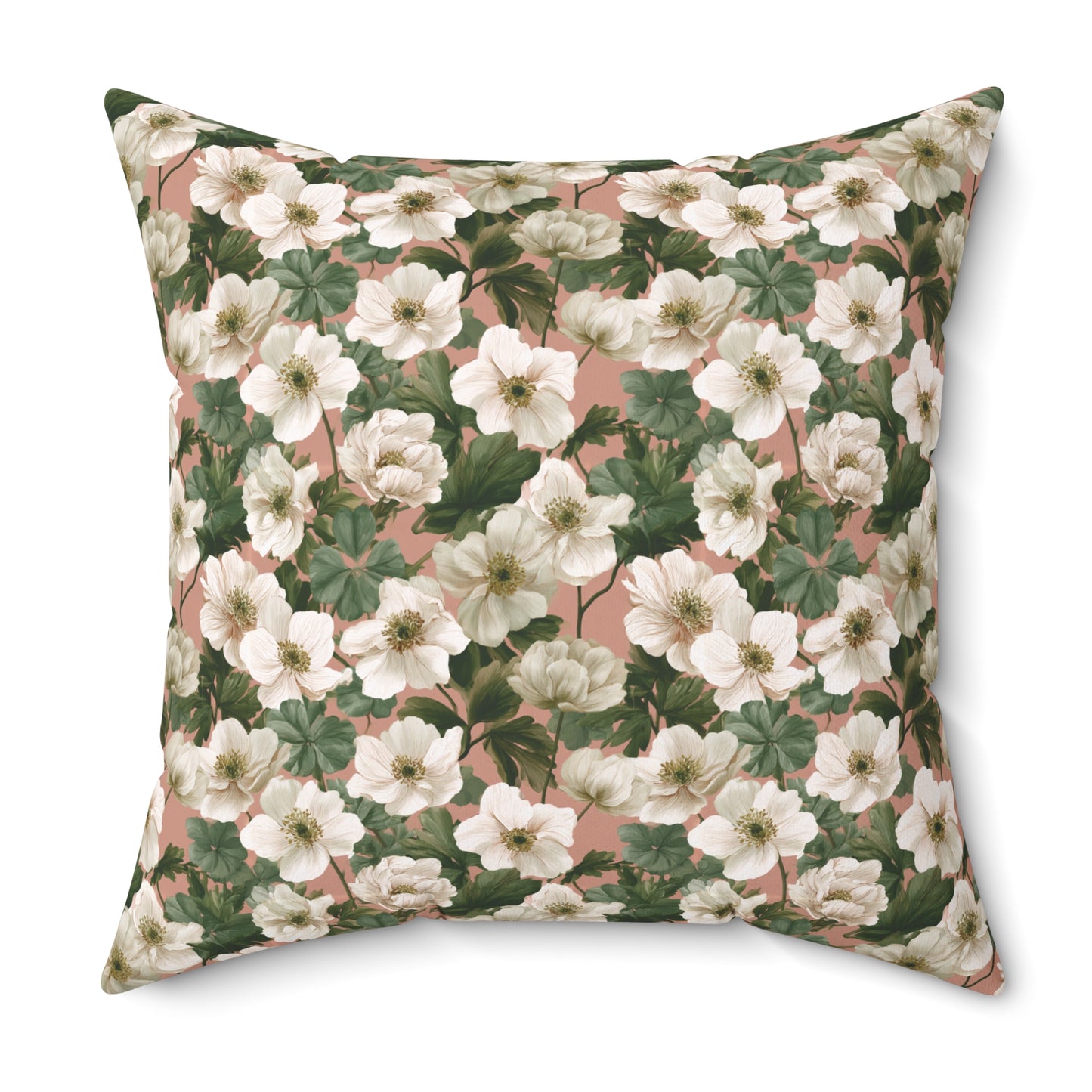 Vintage Floral Pattern Pillow | Square Throw Pillow, Botanical White Anemone Flowers Design