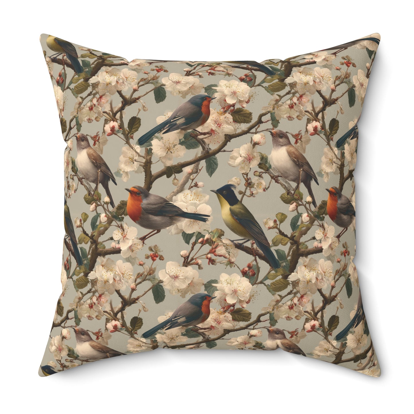 Vintage Floral Songbirds Pillow | Botanical Bird Pattern Square Pillow