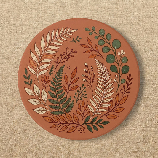 Terracotta Ceramic Coaster | Botanical Fern Drink Coaster | Cottagecore Housewarming Gift | Boho Table Decor