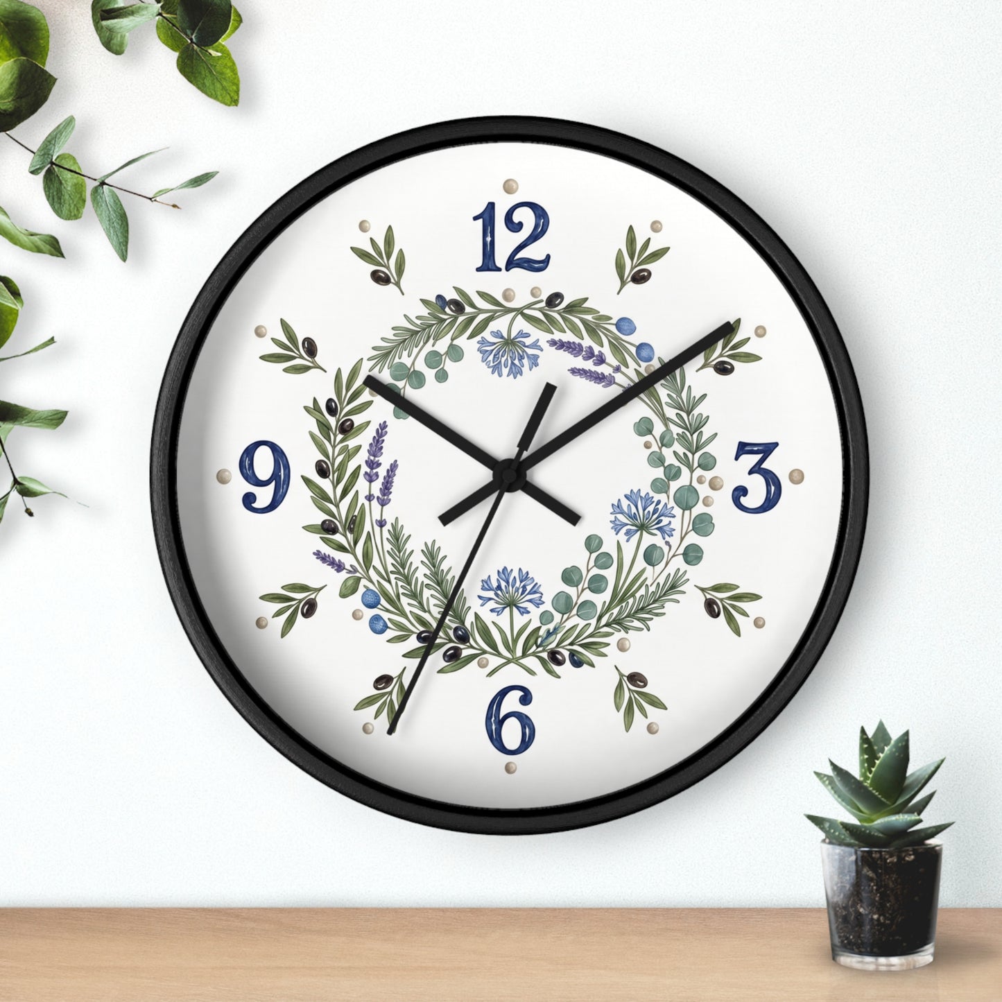 Botanical Wreath Wall Clock | Floral Laurel Timepiece, Blue Numbers