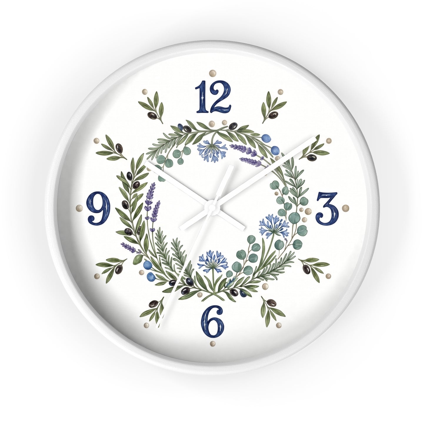 Botanical Wreath Wall Clock | Floral Laurel Timepiece, Blue Numbers