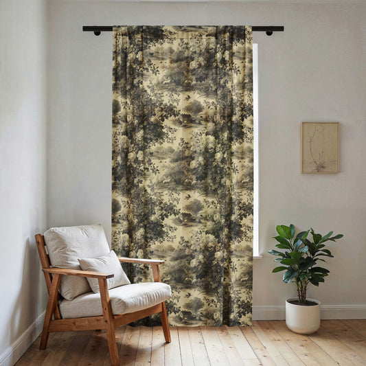 Vintage Toile de Jouy Landscape Sheer Window Curtain | Neutral Scenic Drapery