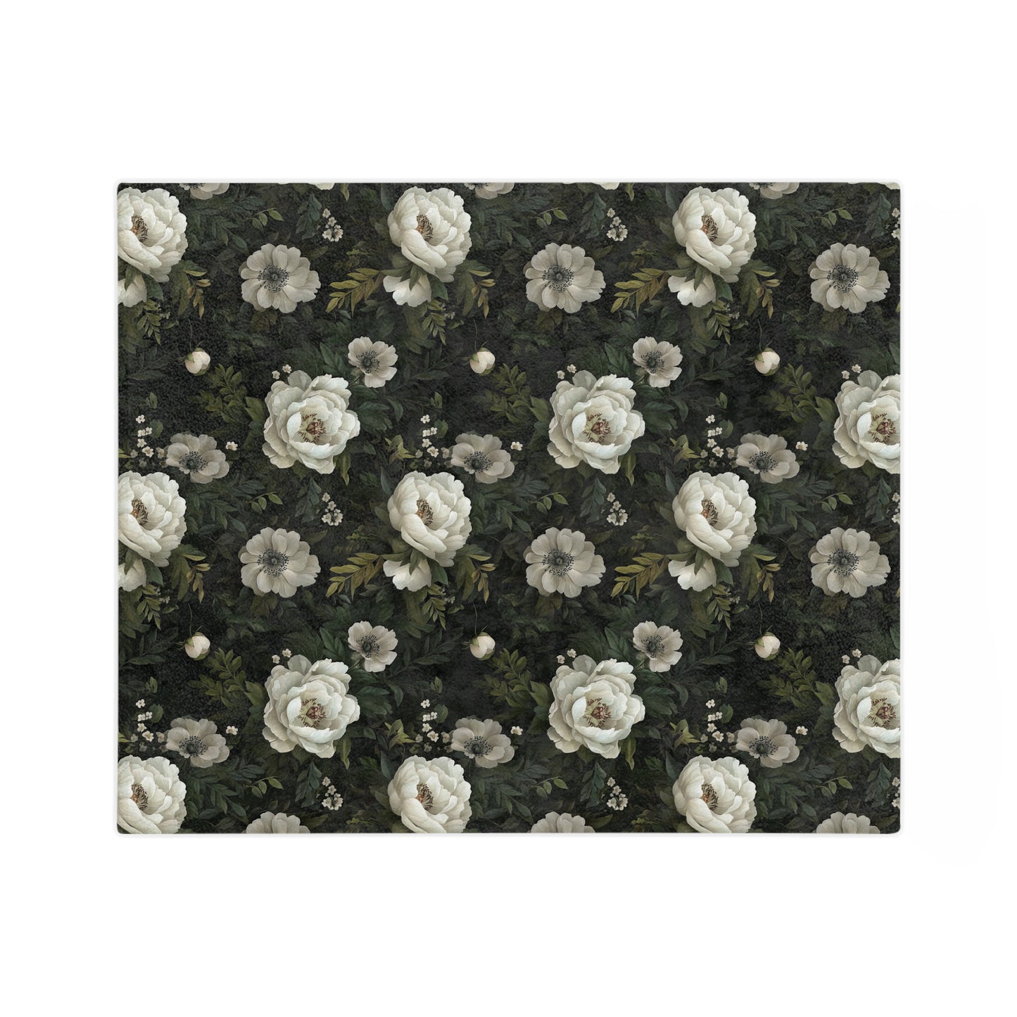 Vintage White Rose Floral Velveteen Microfiber Blanket | Dark Botanical Pattern