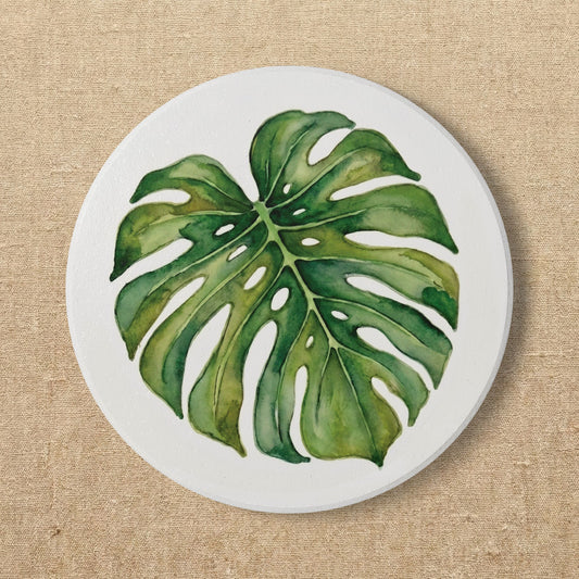 Monstera Ceramic Coaster | Vintage Botanical Watercolor Drink Mat | Cottagecore Plant Lover Gift | Green Foliage Tea Coaster