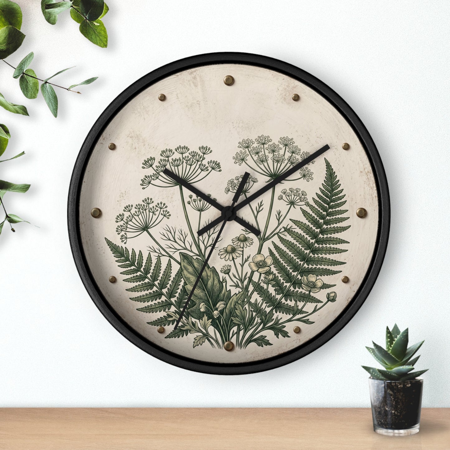 Vintage Botanical Fern Art Wall Clock | Herb Illustration Clock