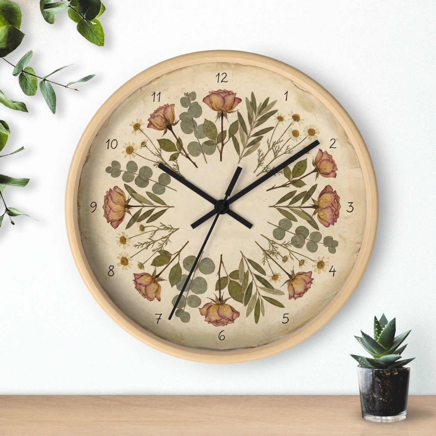 Vintage Dried Roses Wall Clock | Floral Botanical Eucalyptus Design