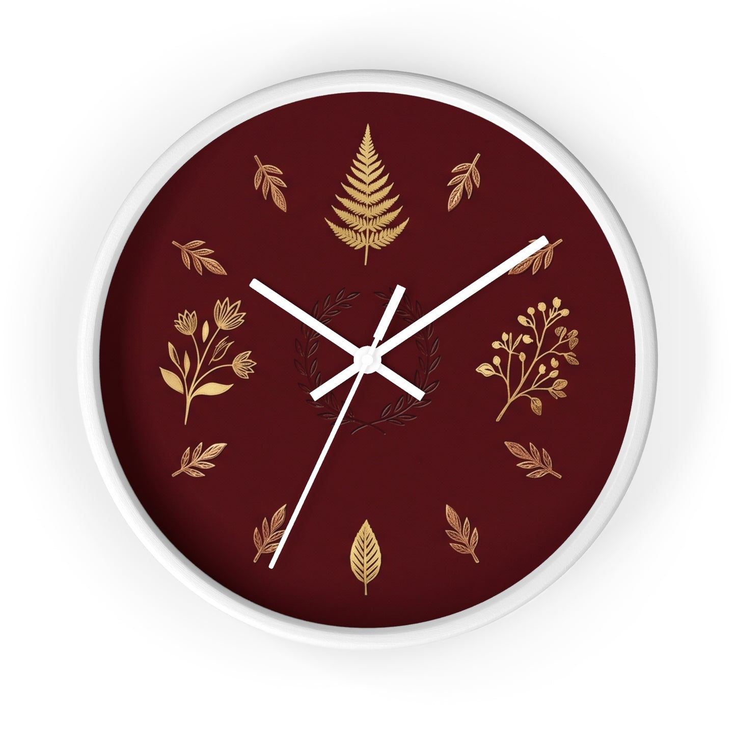 Gold Botanical Leaves Wall Clock | Maroon Floral Fern Home Decor