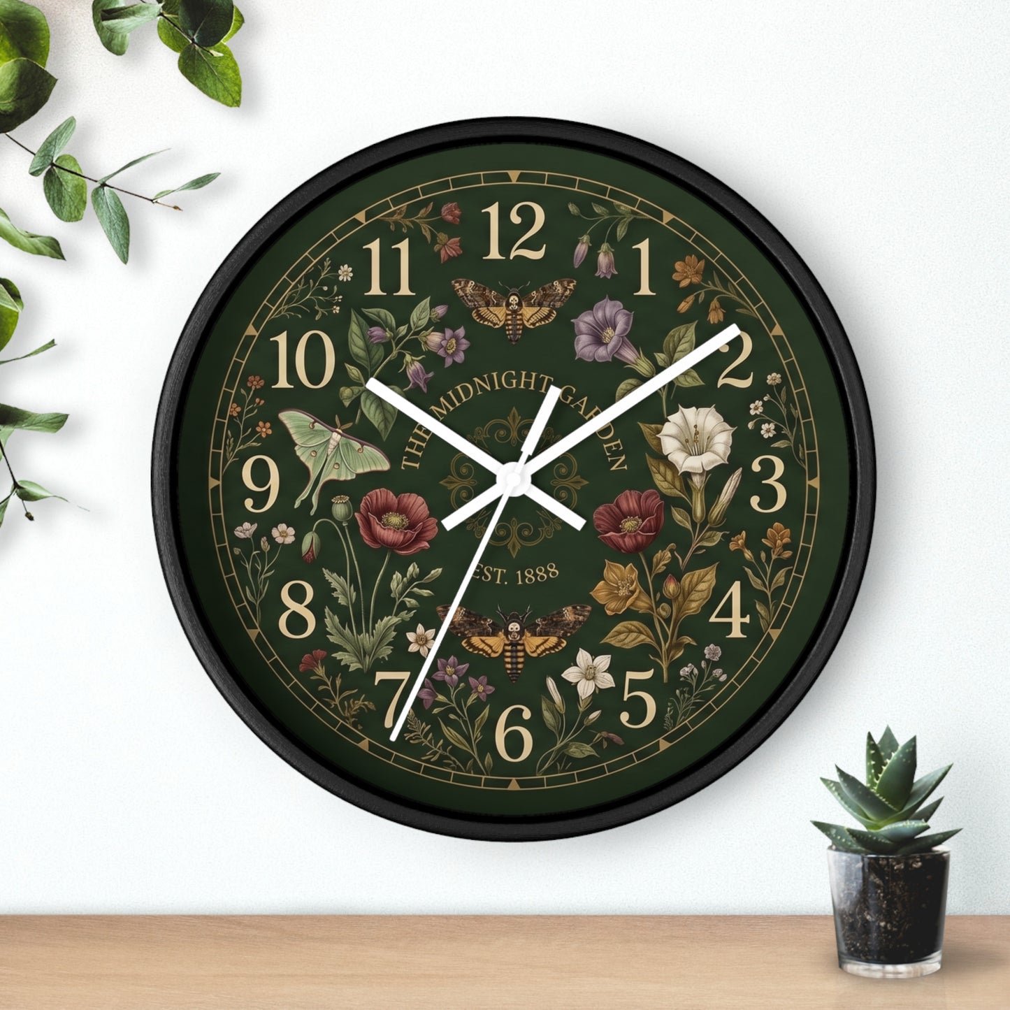 Vintage Floral Garden Clock | Botanical Wall Clock, Dark Green Floral Design