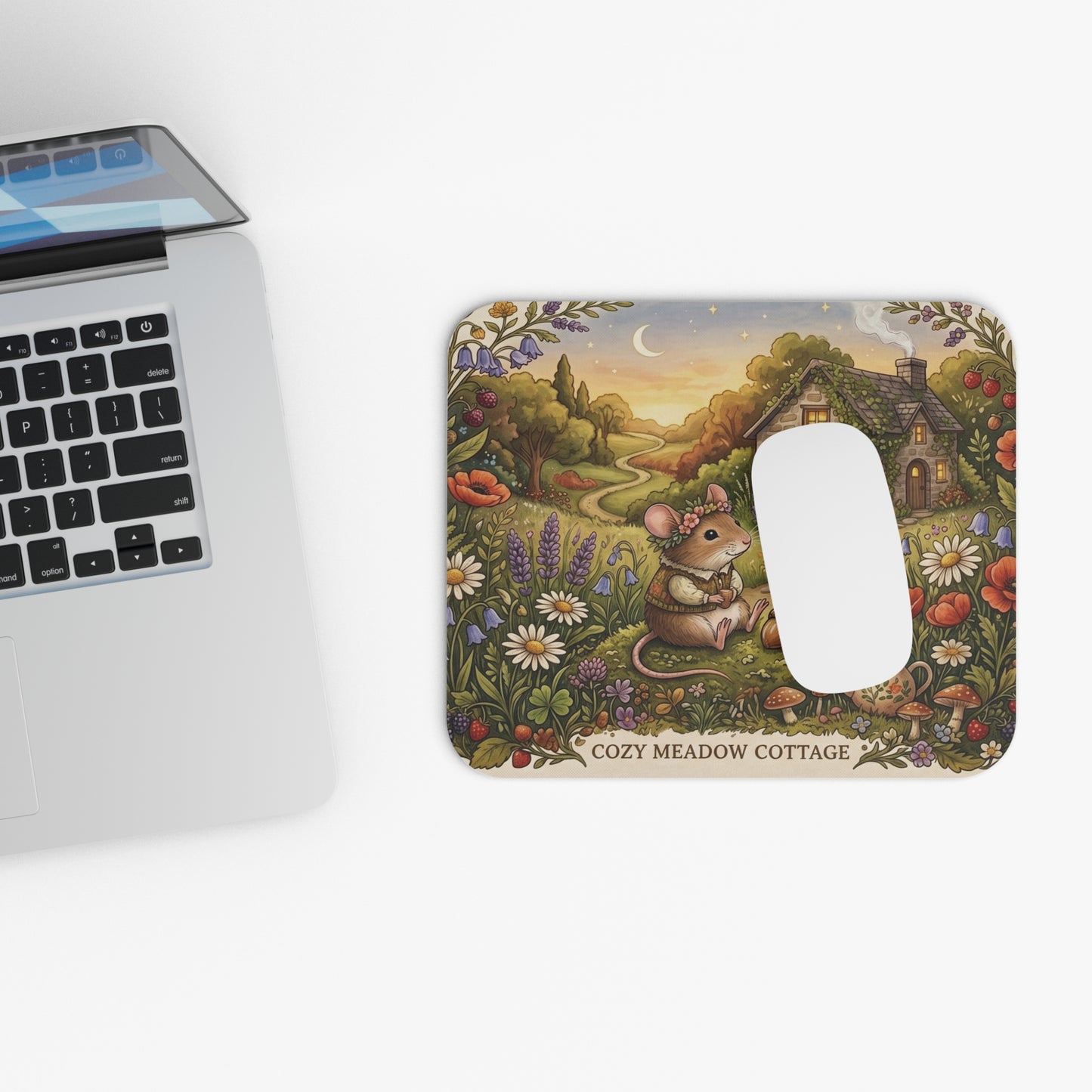 Illustrated Mouse Pad | Cozy Meadow Cottage, Floral Garden Scene
