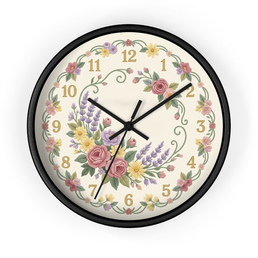 Vintage Floral Wreath Cottagecore Wall Clock | Rose Lavender Daisy Clock