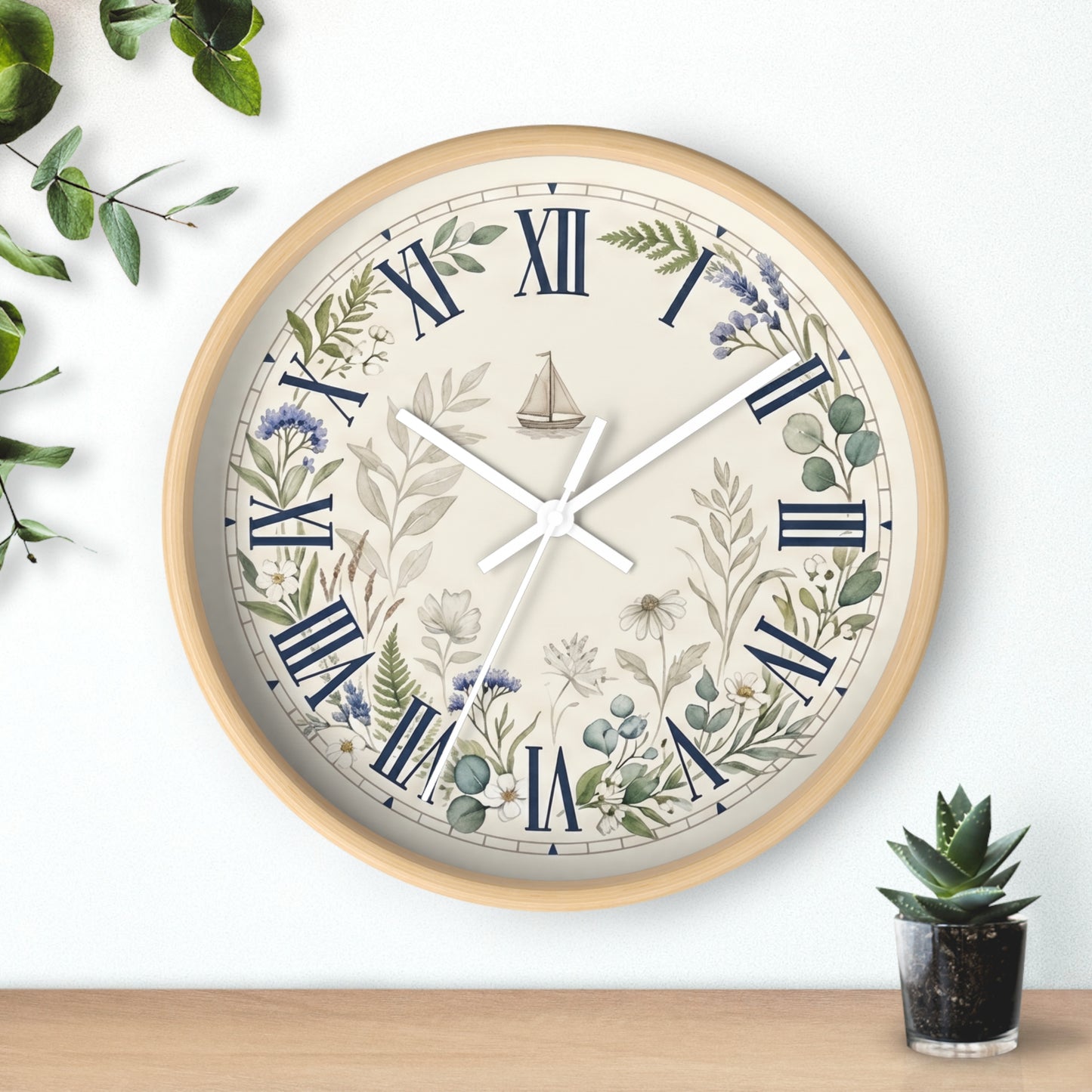 Nautical Floral Roman Numeral Wall Clock | Coastal and Greenery