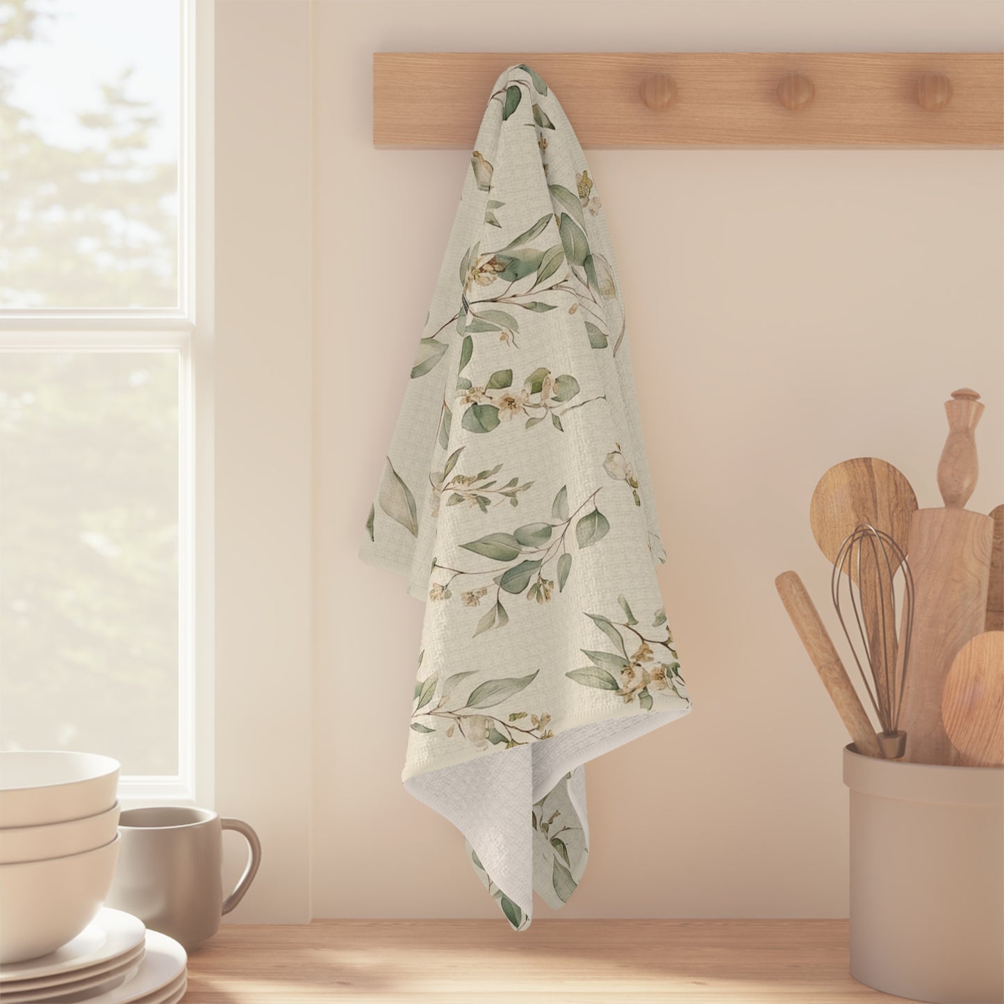 Watercolor Bird and Eucalyptus Tea Towel | Botanical Kitchen Linen
