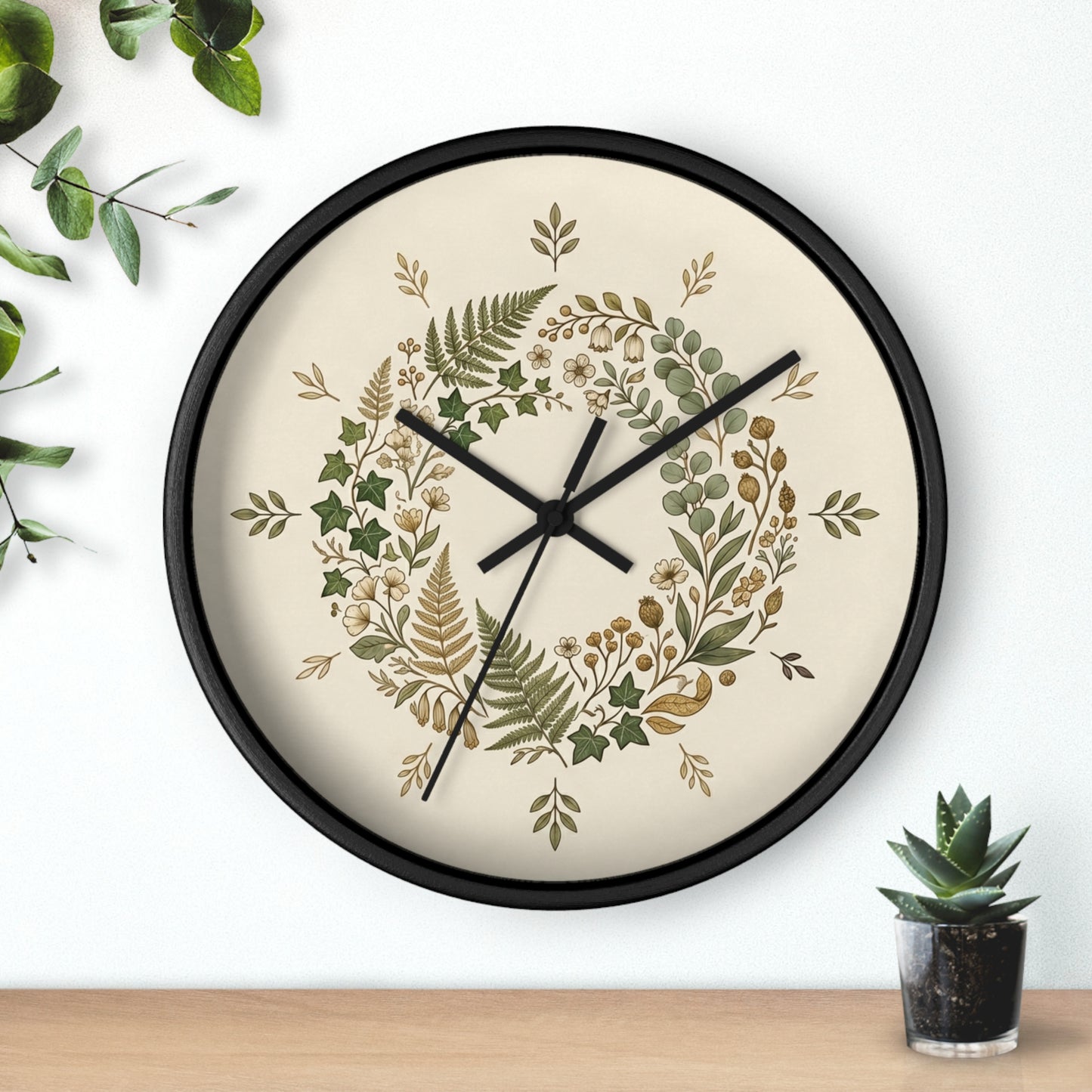 Botanical Wreath Wall Clock | Neutral Fern Floral Clock