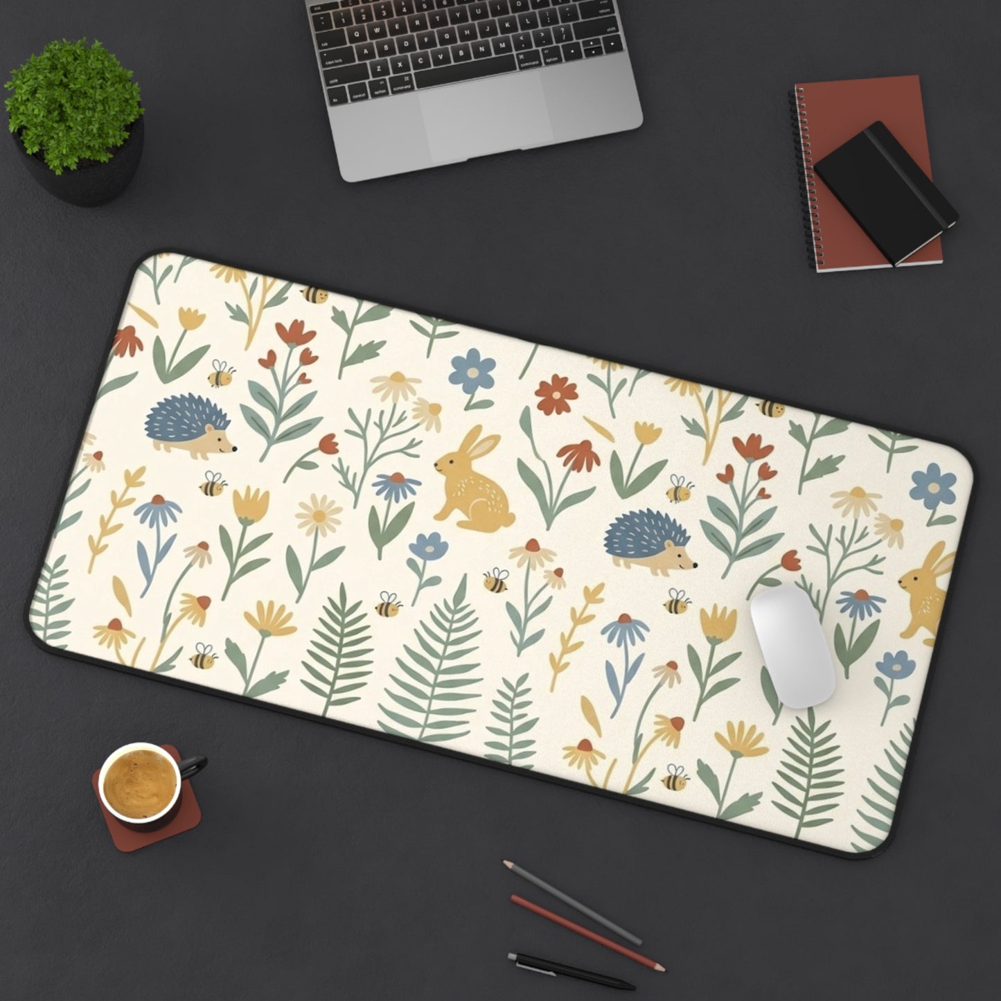 Woodland Rabbits and Hedgehogs Desk Mat | Floral Forest Mousepad