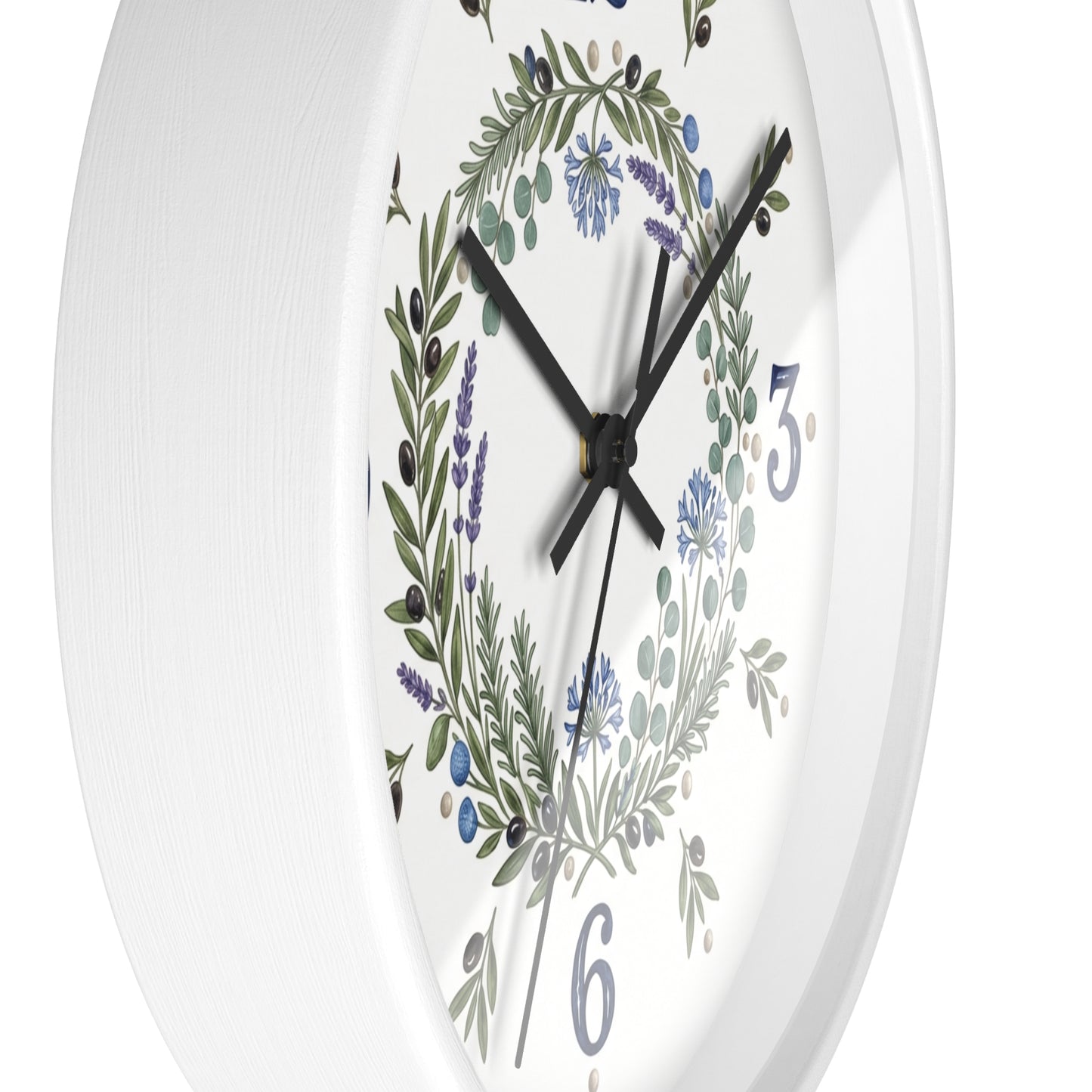 Botanical Wreath Wall Clock | Floral Laurel Timepiece, Blue Numbers
