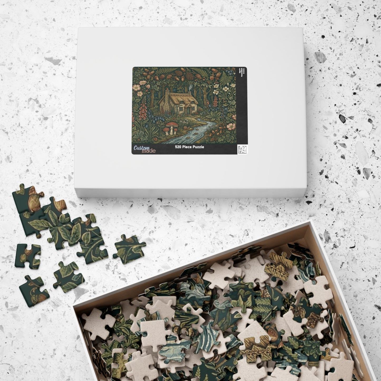 Cottage in Enchanted Forest Puzzle | 110, 252, 520, or 1014 Piece Woodland River Illustration