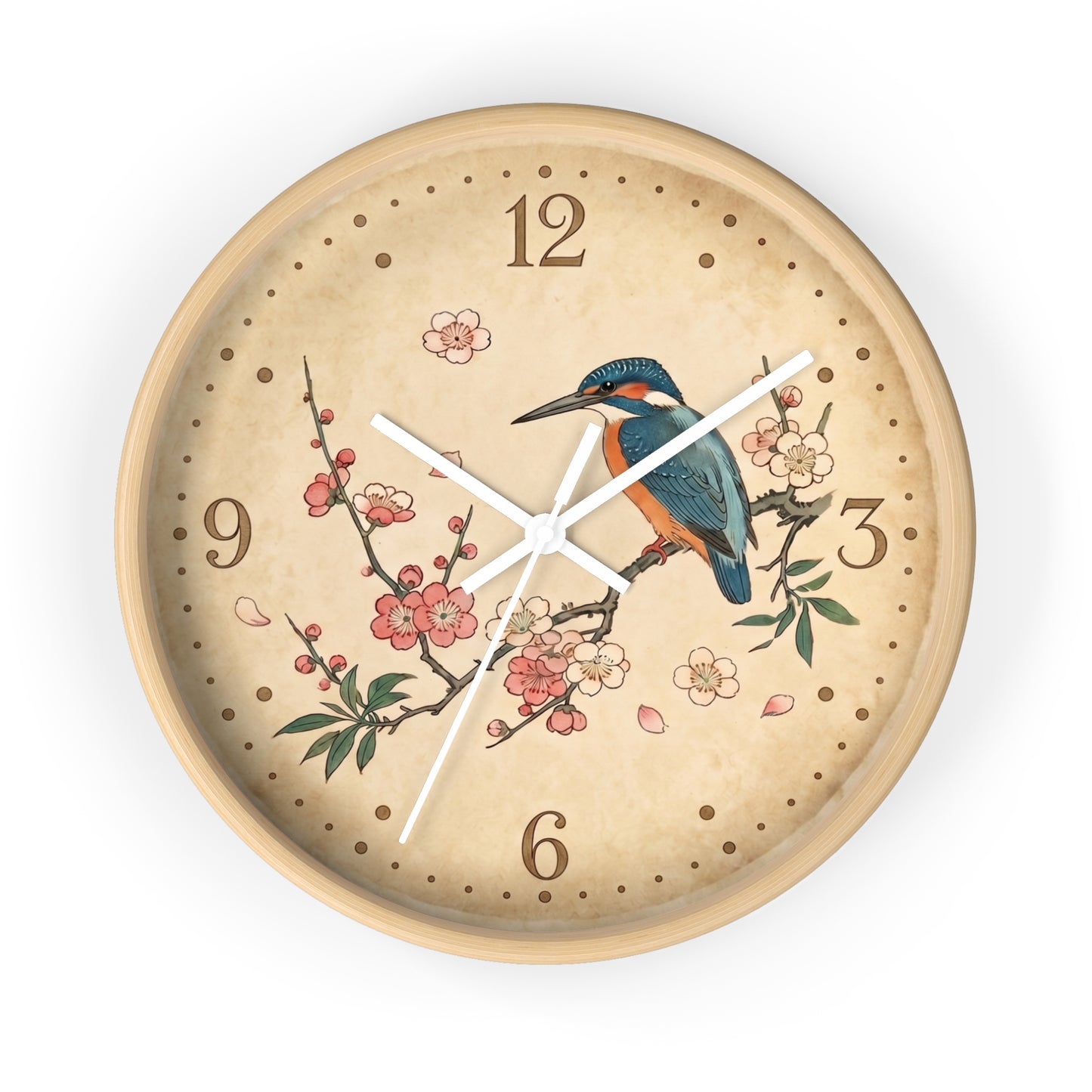 Kingfisher on Cherry Blossom Wall Clock | Kacho-ga Vintage Japanese Bird Floral Clock