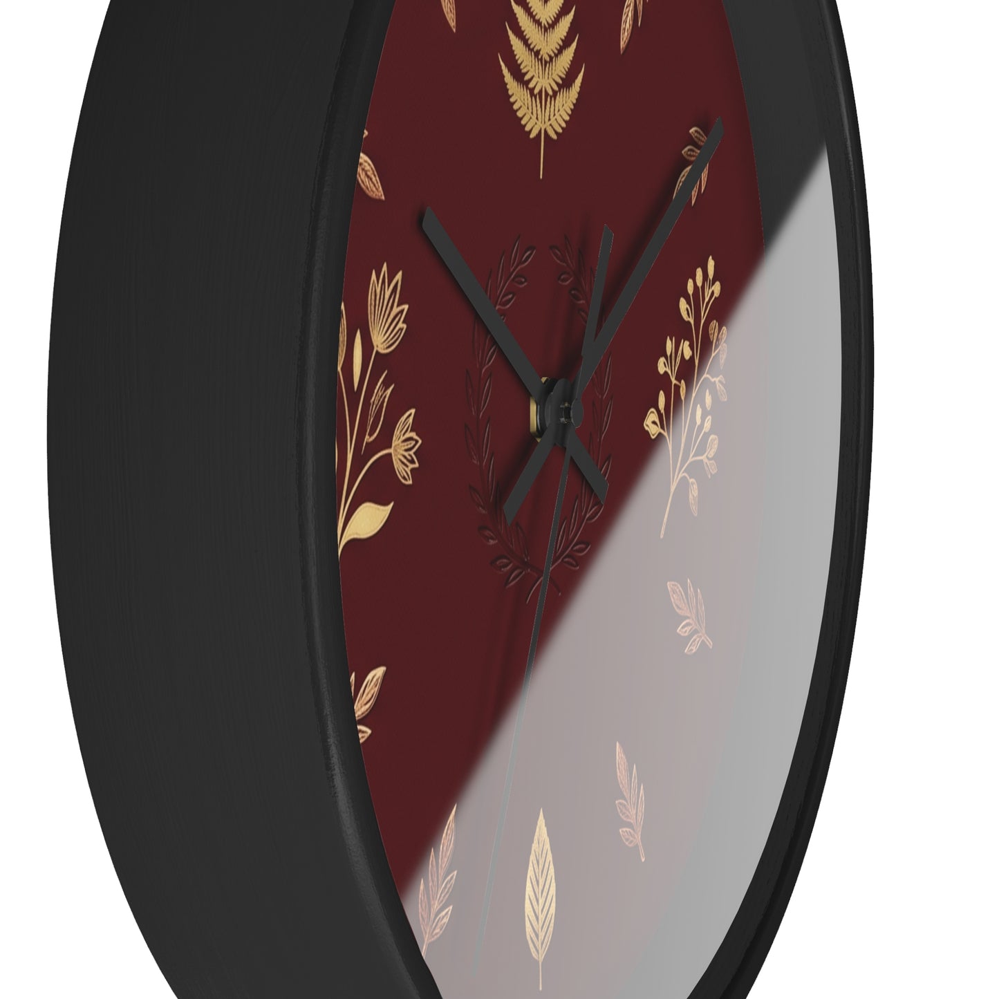 Gold Botanical Leaves Wall Clock | Maroon Floral Fern Home Decor