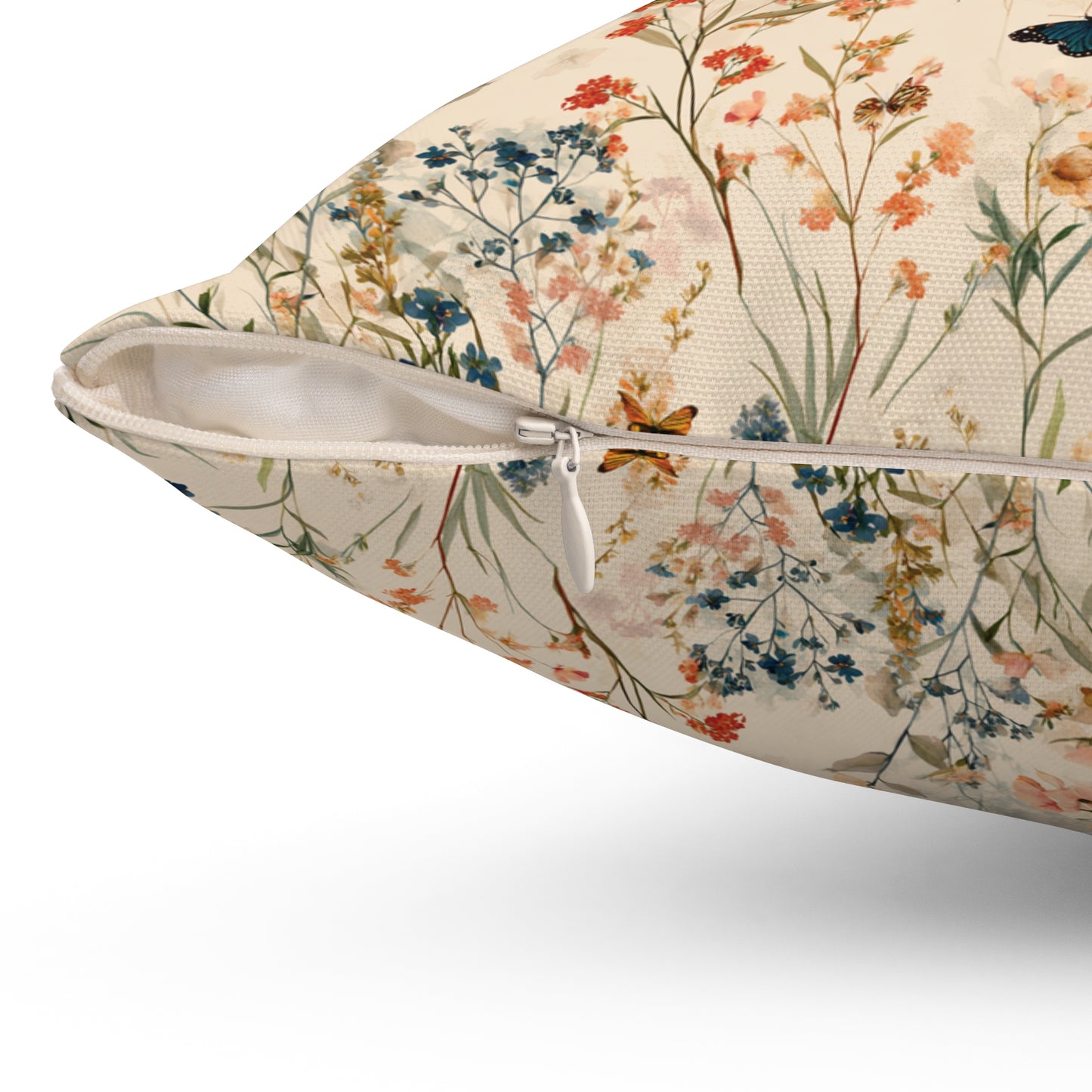 Vintage Wildflower and Butterfly Spun Polyester Square Pillow | Floral Throw Cushion