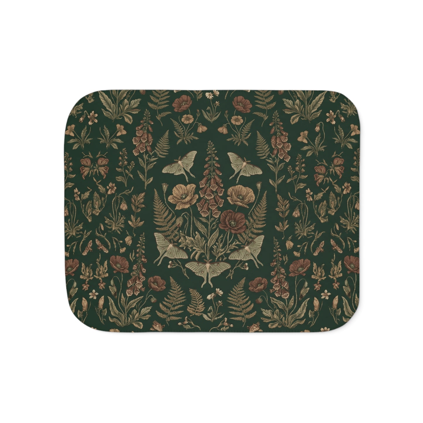Vintage Floral Woodland Dark Sherpa Blanket | Botanical Pattern, Dark Green